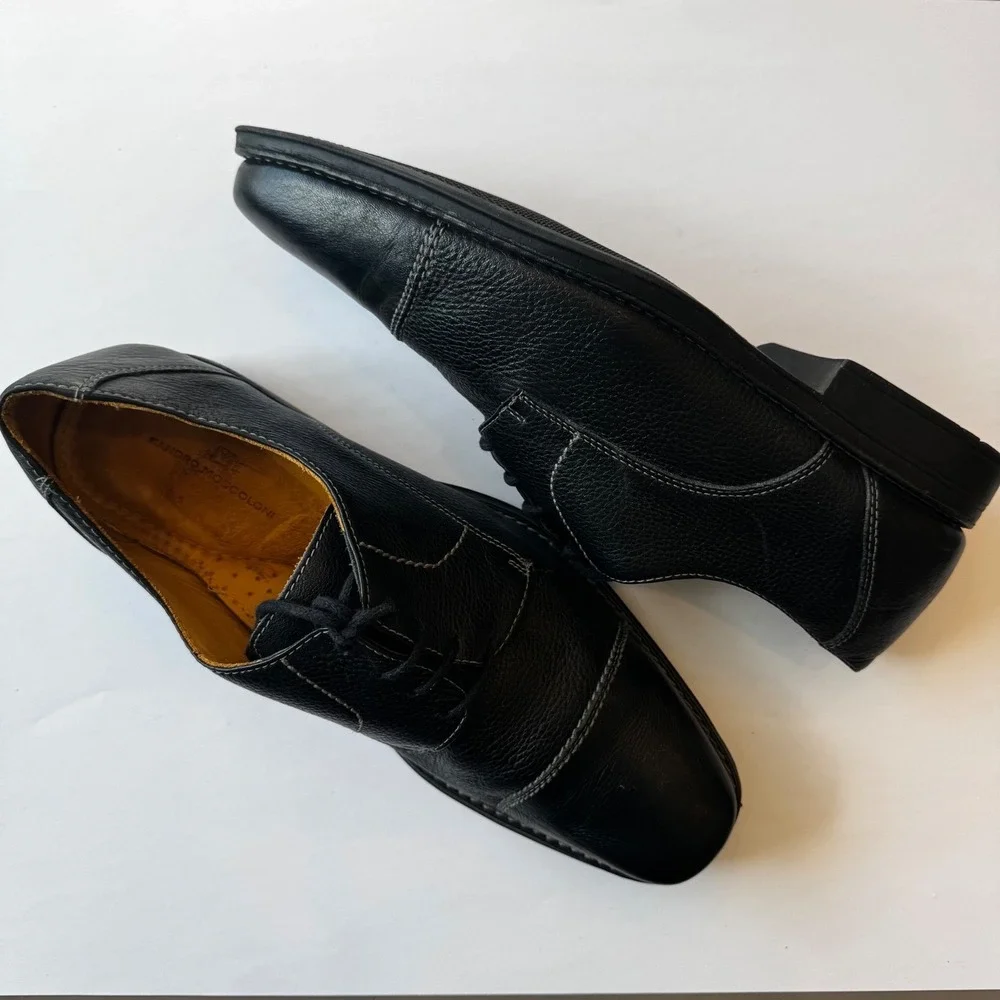 Sandro‎ Moscoloni Men 10.5D Black Pebbled Leather Cap Toe Oxford Dress Shoes
